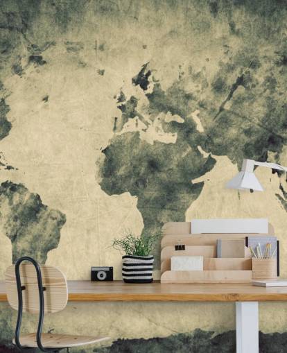 Houtskooleffect wereldkaart muurschildering