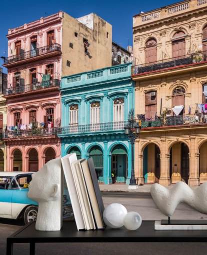 Papel de Parede de Carro Velho Turquesa na Velha Havana Street