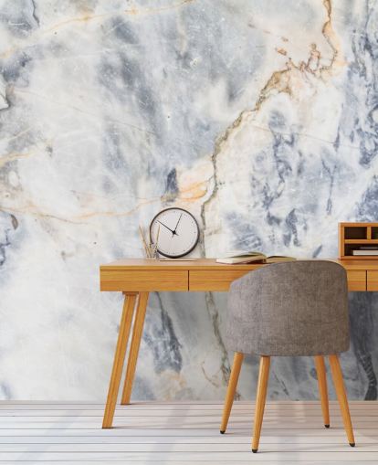 mural de papel pintado de mármol personalizado blanco y azul llamado White and Blue Marble Effect para cocinas y baños