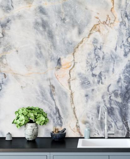 white and blue custom marble wallpaper mural called White and Blue Marble Effect for kitchens and bathrooms
