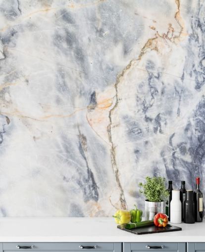 mural de papel de parede de mármore personalizado branco e azul chamado Efeito de mármore branco e azul para cozinhas e banheiros