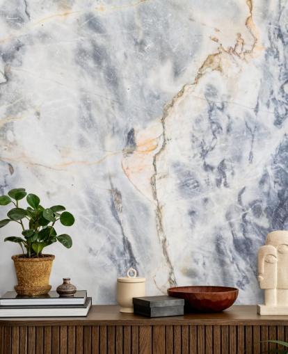 hvitt og blått tilpasset marmor tapet veggmaleri kalt White and Blue Marble Effect for kjøkken og bad