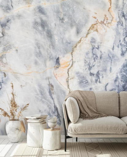 witte en blauwe marmeren behangmuurschildering op maat genaamd White and Blue Marble Effect voor keukens en badkamers