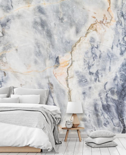 mural de papel pintado de mármol personalizado blanco y azul llamado White and Blue Marble Effect para cocinas y baños