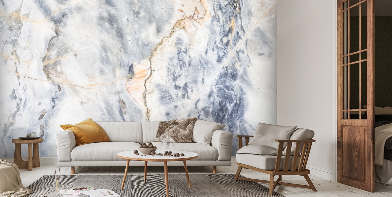 White and Blue Marble Effect Wall Mural Wallpaper Wallsauce US