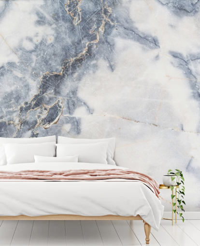 papier peint mural en marbre personnalisable blanc et bleu appelé White Marble pour les cuisines et les salles de bain
