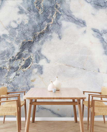 mural de papel de parede de mármore personalizável branco e azul chamado White Marble para cozinhas e banheiros