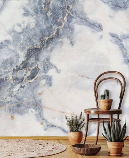 white and blue customisable marble wallpaper mural called White Marble for kitchens and bathrooms
