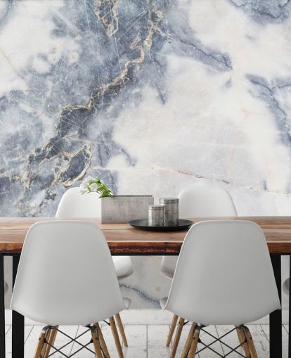 hvit og blå tilpassbar marmor tapet veggmaleri kalt White Marble for kjøkken og bad