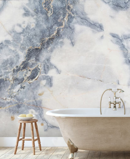 carta da parati murale in marmo bianco e blu personalizzabile chiamata White Marble per cucine e bagni