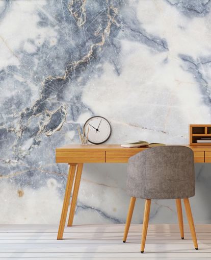 vit och blå anpassningsbar marmor tapetväggmålning kallad White Marble för kök och badrum