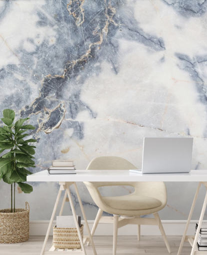 white and blue customisable marble wallpaper mural called White Marble for kitchens and bathrooms