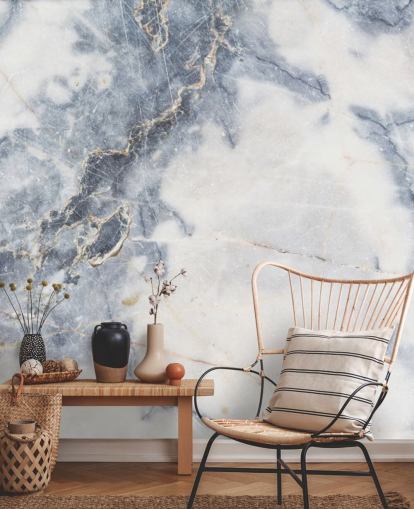 white and blue customisable marble wallpaper mural called White Marble for kitchens and bathrooms