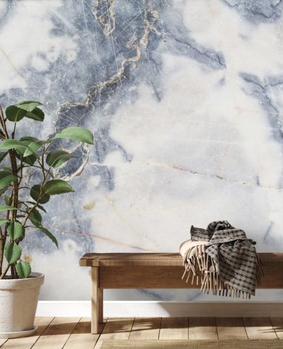vit och blå anpassningsbar marmor tapetväggmålning kallad White Marble för kök och badrum