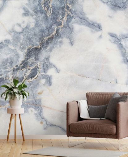 witte en blauwe aanpasbare marmeren behangmuurschildering genaamd White Marble voor keukens en badkamers