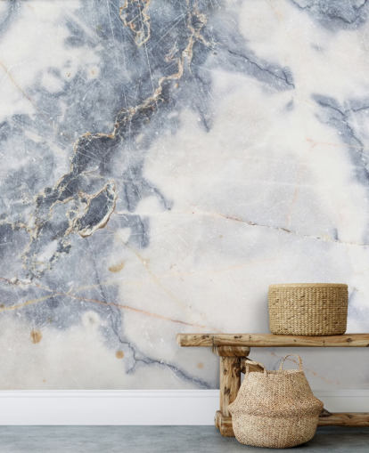 papier peint mural en marbre personnalisable blanc et bleu appelé White Marble pour les cuisines et les salles de bain
