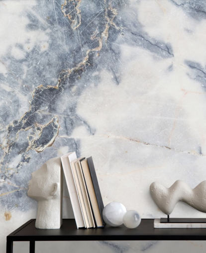 valkoinen ja sininen muokattava marmoritapetti seinämaalaus nimeltä White Marble keittiöihin ja kylpyhuoneisiin