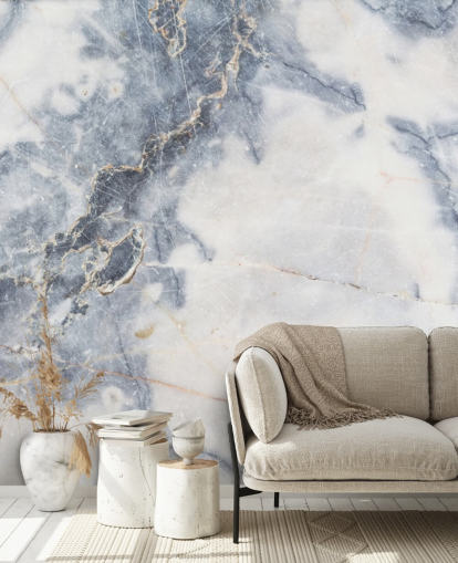 papier peint mural en marbre personnalisable blanc et bleu appelé White Marble pour les cuisines et les salles de bain
