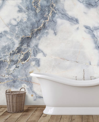 mural de papel pintado de mármol personalizable blanco y azul llamado White Marble para cocinas y baños