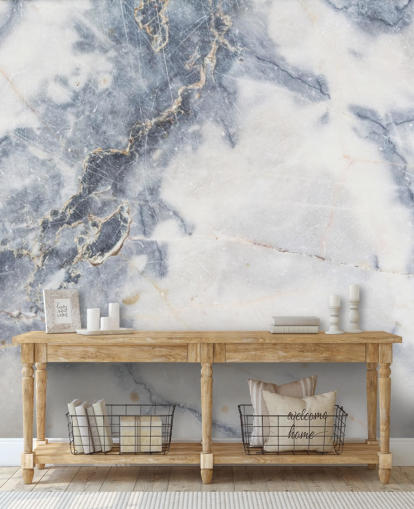 mural de papel de parede de mármore personalizável branco e azul chamado White Marble para cozinhas e banheiros