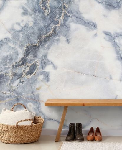 Wandbild aus weißem und blauem Marmor, personalisierbar, mit dem Namen White Marble, für Küchen und Badezimmer