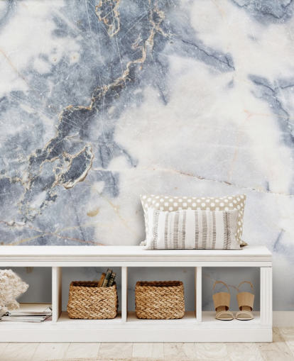 carta da parati murale in marmo bianco e blu personalizzabile chiamata White Marble per cucine e bagni