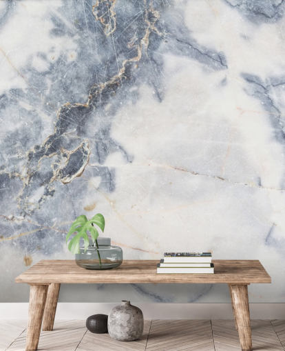 carta da parati murale in marmo bianco e blu personalizzabile chiamata White Marble per cucine e bagni