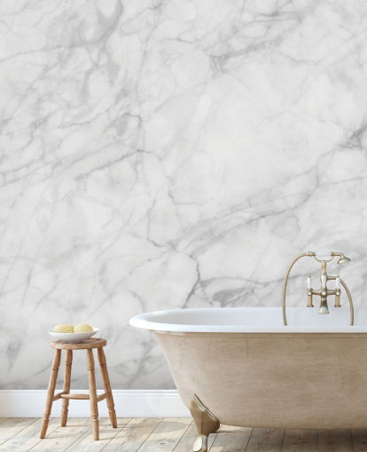 mural de papel de parede de mármore branco personalizável chamado Exquisite Marble para salas de jantar ou cozinhas