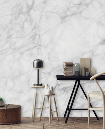 mural de papel de parede de mármore branco personalizável chamado Exquisite Marble para salas de jantar ou cozinhas