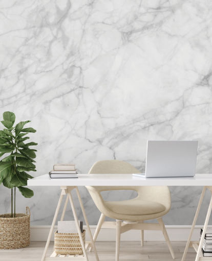 valkoinen muokattava marmoritapetti seinämaalaus nimeltä Exquisite Marble ruokasaleihin tai keittiöihin