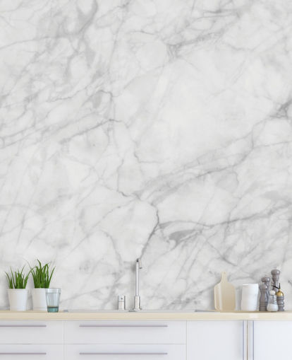 vit anpassningsbar marmor tapetväggmålning kallad Exquisite Marble för matsalar eller kök