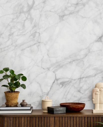 witte aanpasbare marmeren behangmuurschildering genaamd Exquisite Marble voor eetkamers of keukens