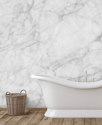 mural de papel de parede de mármore branco personalizável chamado Exquisite Marble para salas de jantar ou cozinhas