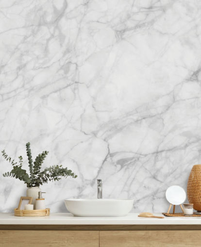 valkoinen muokattava marmoritapetti seinämaalaus nimeltä Exquisite Marble ruokasaleihin tai keittiöihin