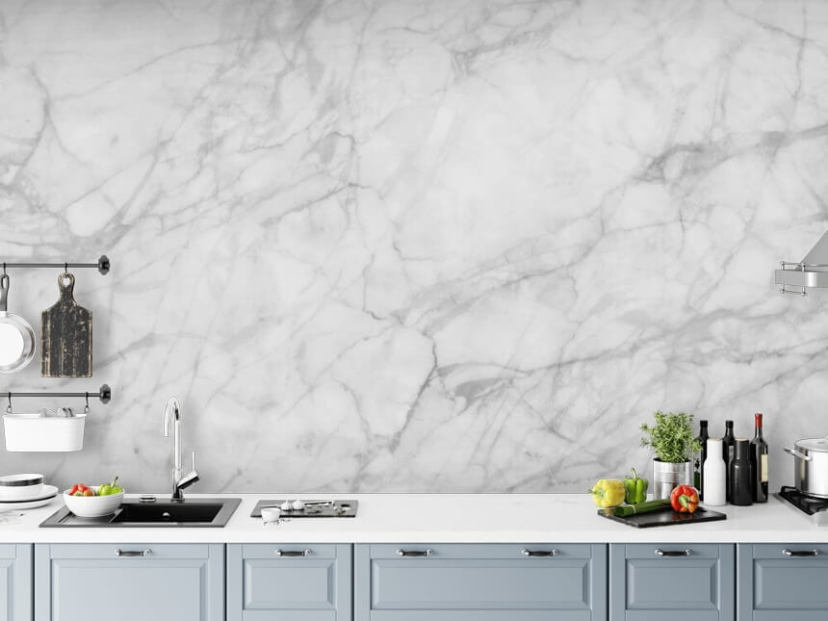 mural de papel pintado de mármol blanco personalizable llamado Exquisite Marble para comedores o cocinas