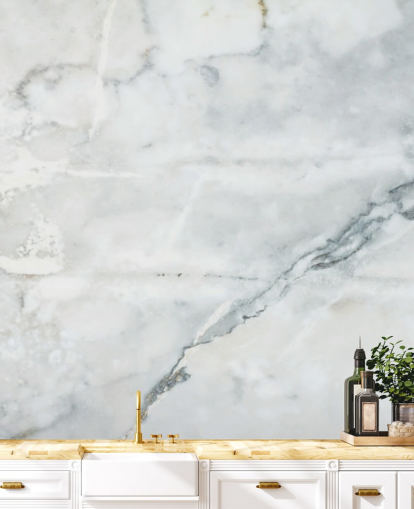 mural de papel pintado de mármol blanco llamado Classic Marble para dormitorios, baños y cocinas
