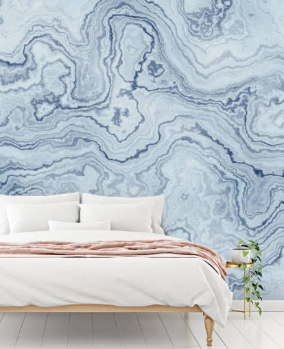 mural de papel pintado de mármol azul claro y blanco llamado Light Blue Marble para baños y cocinas