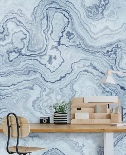 mural de papel de parede de mármore azul claro e branco chamado Light Blue Marble para banheiros e cozinhas