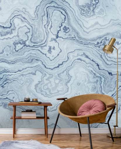 mural de papel pintado de mármol azul claro y blanco llamado Light Blue Marble para baños y cocinas