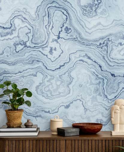 mural de papel de parede de mármore azul claro e branco chamado Light Blue Marble para banheiros e cozinhas