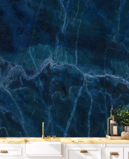 navy blue customizable marble wallpaper mural called Dark Blue Marble for bedrooms, bathrooms and kitchens