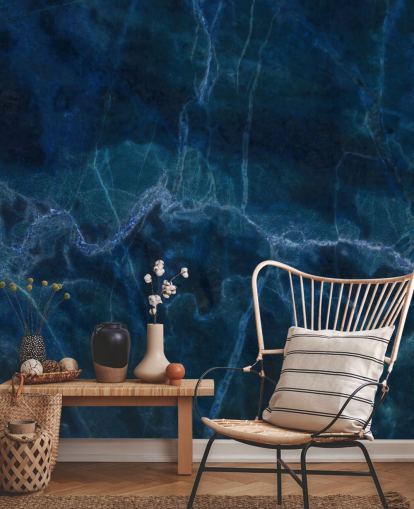 mural de papel pintado de mármol personalizable azul marino llamado Dark Blue Marble para dormitorios, baños y cocinas