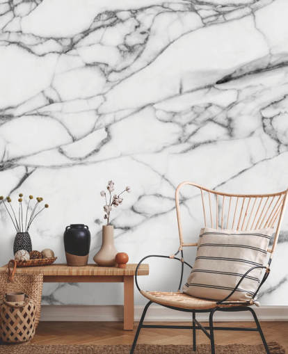 Mural de parede de mármore branco com linhas pretas