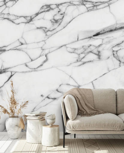 White Marble with Black Lines Wall Mural