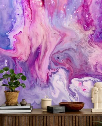 behangmuurschildering met paars en roze marmereffect genaamd Purple Paint Marble Effect voor slaapkamers en woonkamers