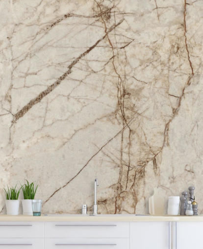 mural de papel pintado con efecto mármol crema y marrón claro llamado Natural Effect Marble para dormitorios, cocinas y baños