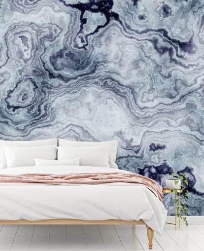 mural de papel pintado de mármol azul llamado Blue Swirl Marble Wall Mural para baños y dormitorios