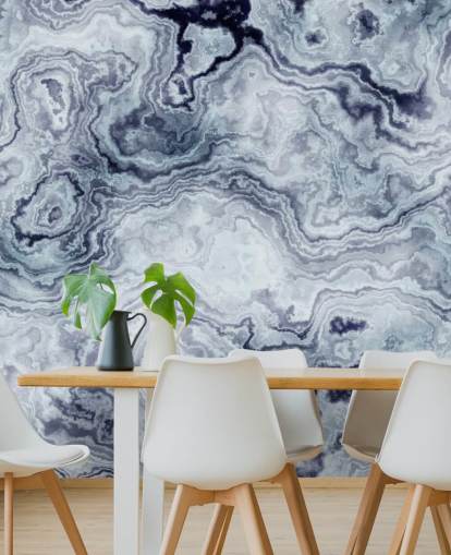mural de papel pintado de mármol azul llamado Blue Swirl Marble Wall Mural para baños y dormitorios