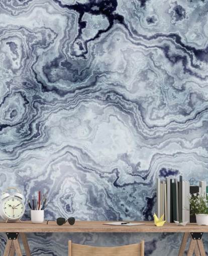 mural de papel pintado de mármol azul llamado Blue Swirl Marble Wall Mural para baños y dormitorios
