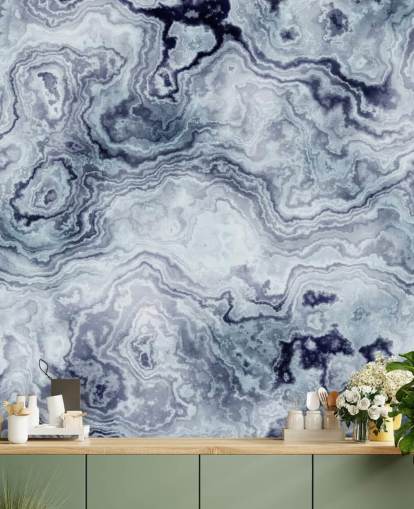blå marmor tapetväggmålning kallad Blue Swirl Marble väggmålning för badrum och sovrum